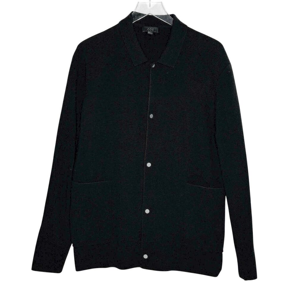 COS Black Button Front Cardigan XL Long Sleeves Front Patch Pockets Merino Wool